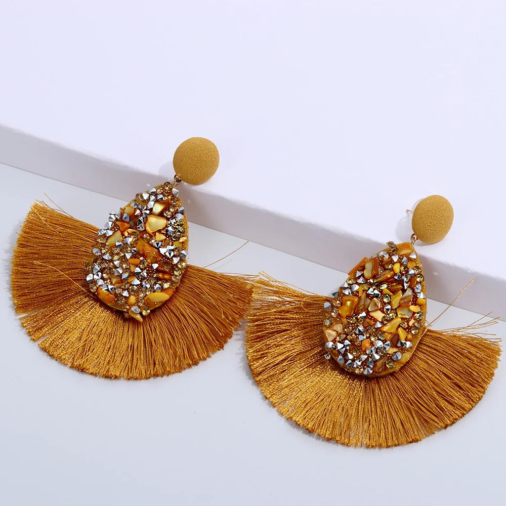 Gold Dangle Earrings with White, Red & Green Stones for Women