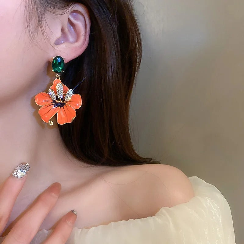 Orange Enamel Flower Drop Earrings with Green Crystals for Women