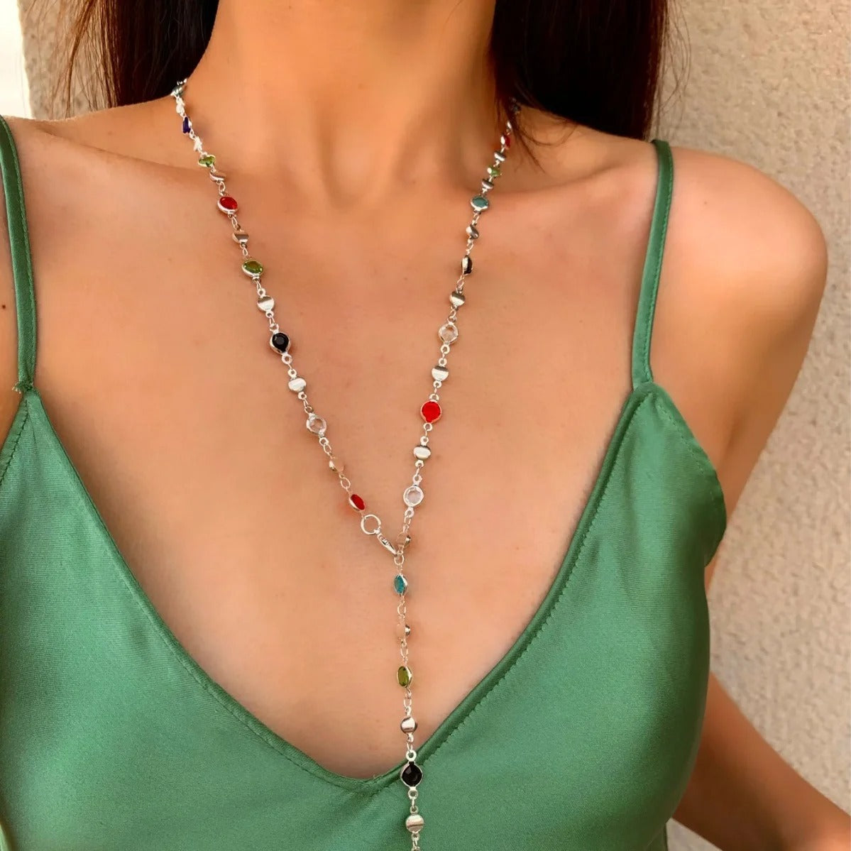 Trendy Silver Y-Shaped Necklace with Colorful Zircon for Women