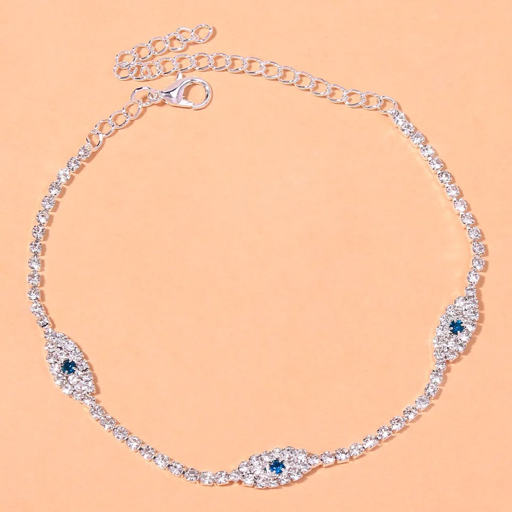 Summer Beach Rhinestone Blue Evil Eye Ankle Bracelet for Women Bohemian Tennis Sandals Beach Anklet Jewelry Accessories Gift