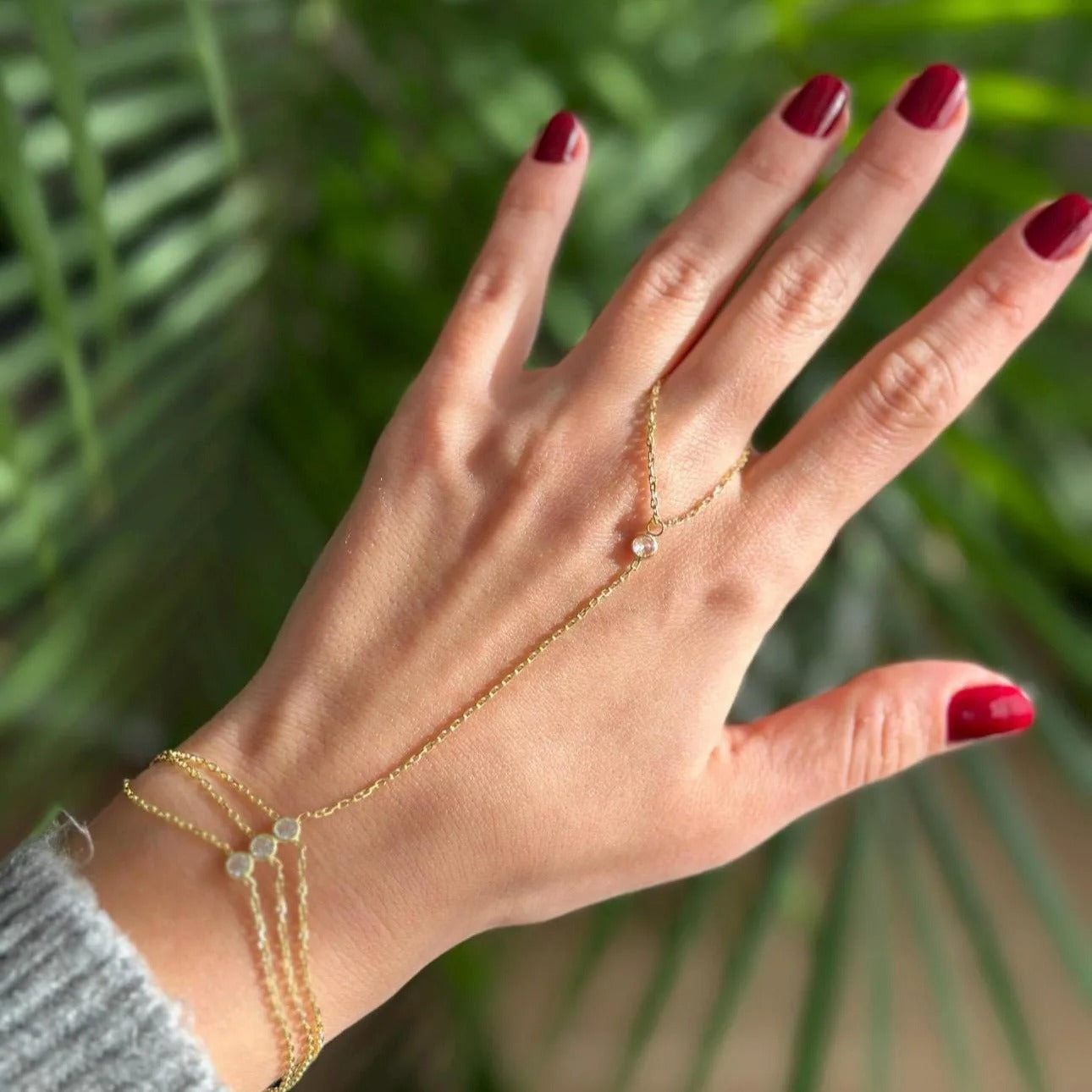 Multilayer Zircon Hand Chain Bracelet with Link Ring Stainless Steel