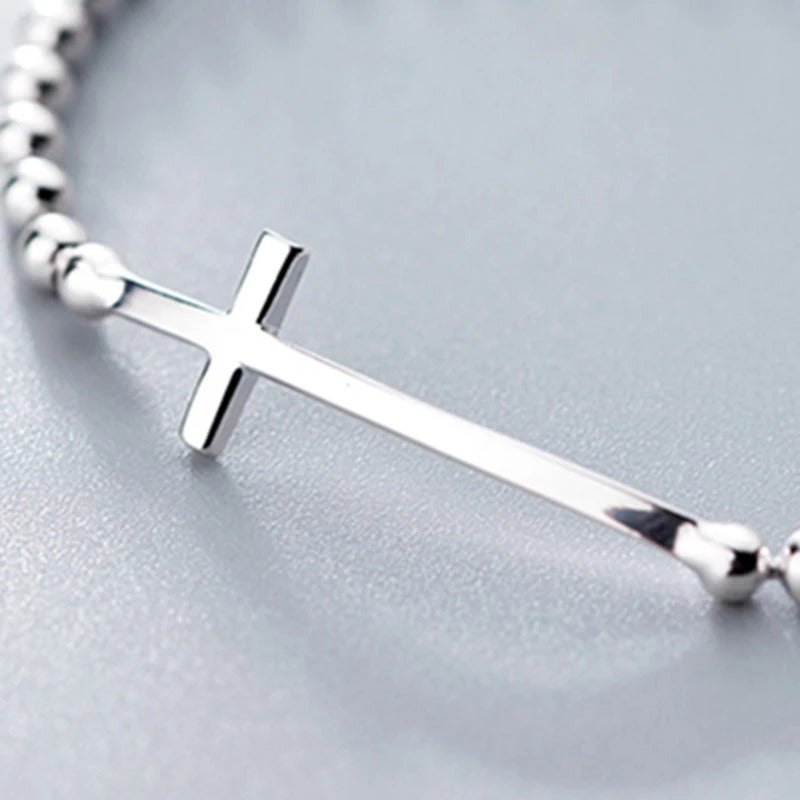 925 Sterling Silver Cross Bead Bracelet Bangle for Men & Women