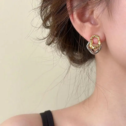 Vintage Two-Tone Metal Drop Earrings Geometric Round Women Jewelry
