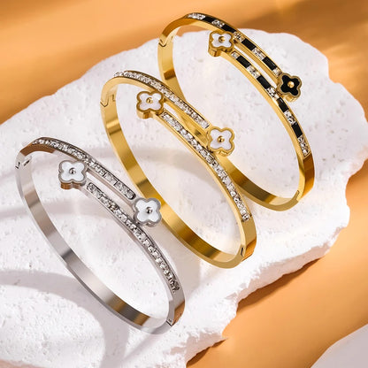 Lucky Four-Leaf Flower Open Bracelet Stainless Steel Zircon Jewelry