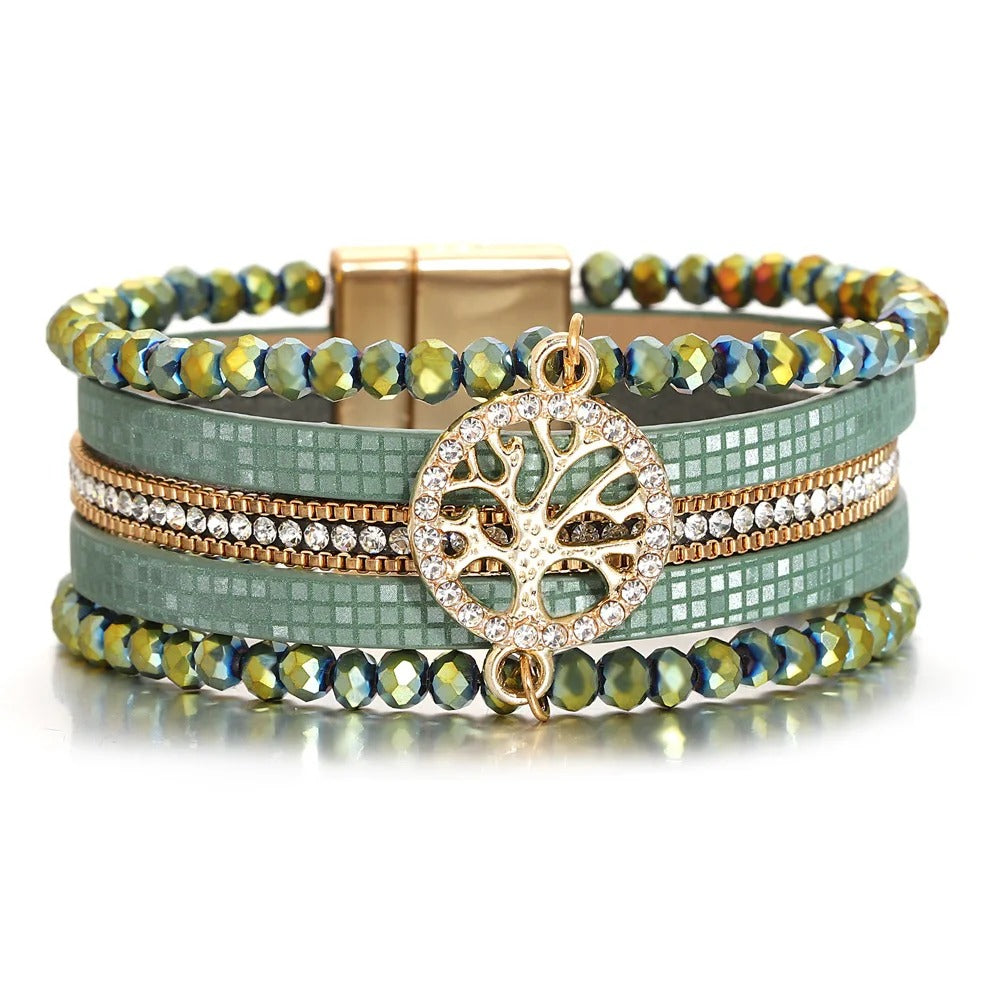 Vintage Tree of Life Leather Bracelet for Women Multilayer Crystal Beads Chain Wrap Bracelets & Bangles Party Jewelry