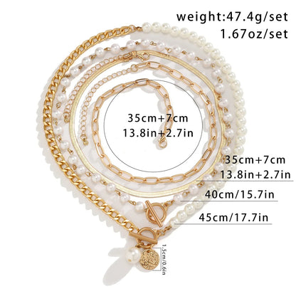 Gold Carved Pendant Necklace Women Multi-Layer Pearl Beach Jewelry