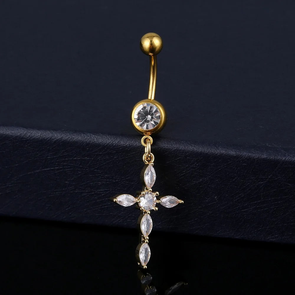Cross Pendants Navel Rings For Women Gold Color Summer Beach Bikini White Zircon Belly Button Nail Body Piercings Jewelry