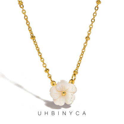 Fashion White Shell Sakura Pendant Necklace Vintage Stainless Steel Metal 2025 Exquisite Charm Flower Jewelry Gift