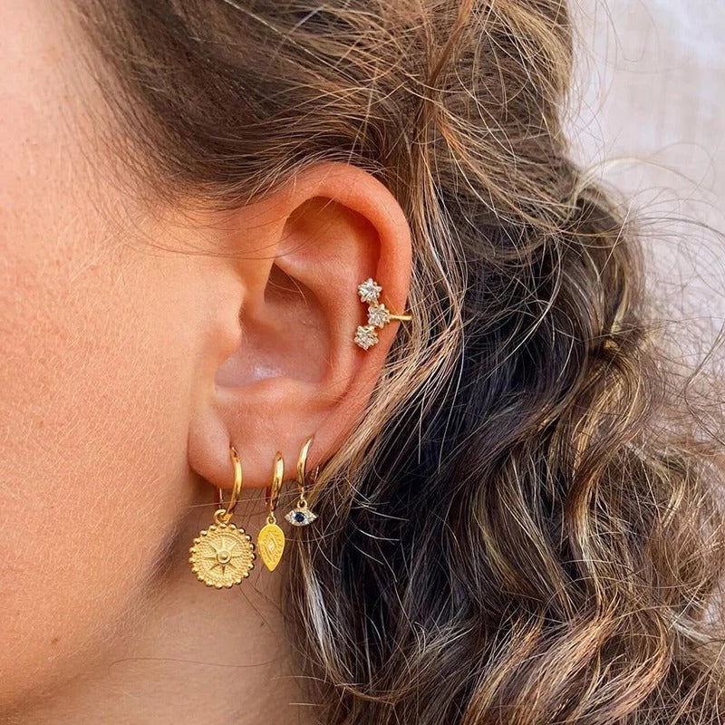 Round Coin Cubic Zirconia Dangle Earrings Silver Gold Women