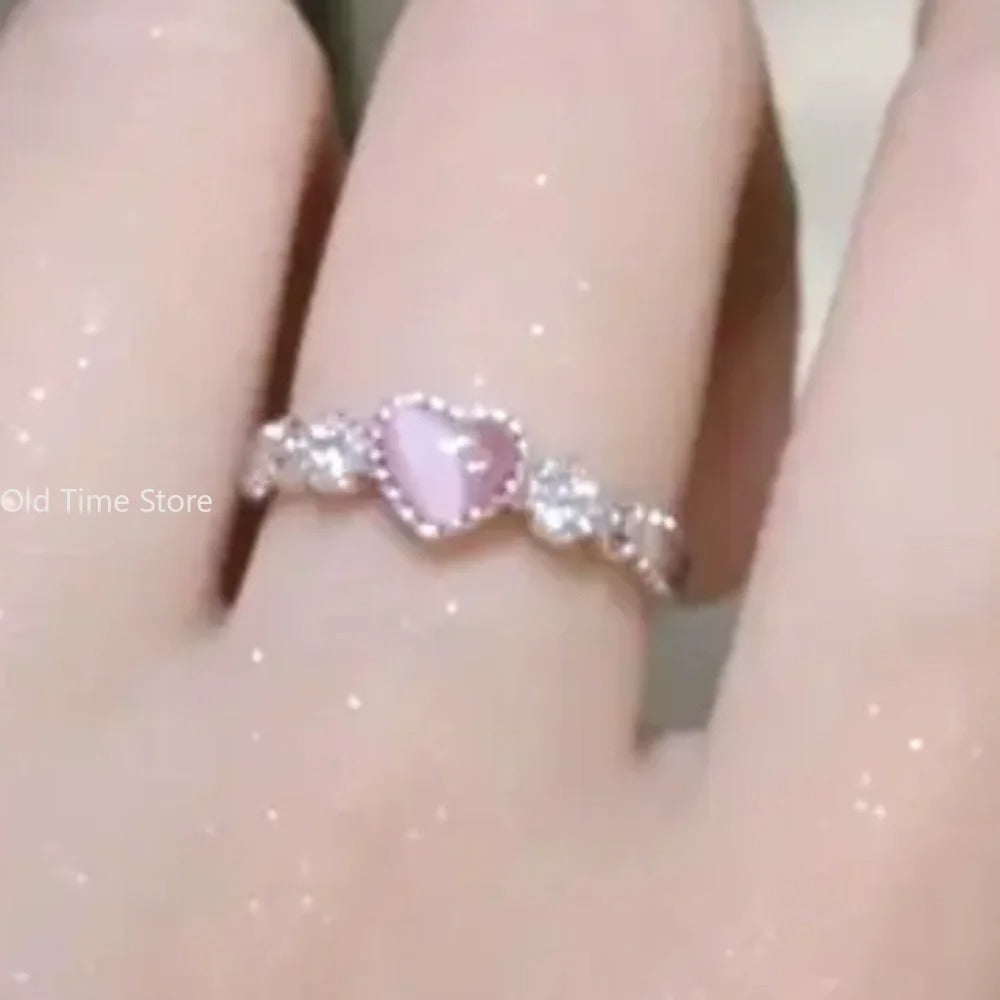 Pink Heart Crystal Ring Women Kpop Love Zircon Jewelry