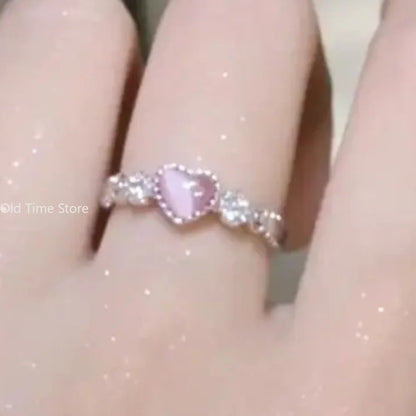 Pink Heart Crystal Ring Women Kpop Love Zircon Jewelry