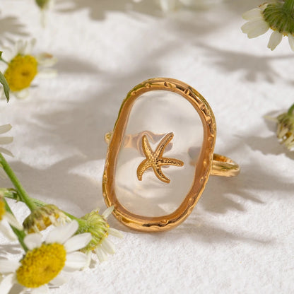 Women’s Hammer Pattern Starfish Ring Ocean Wind Gold Plated Ring