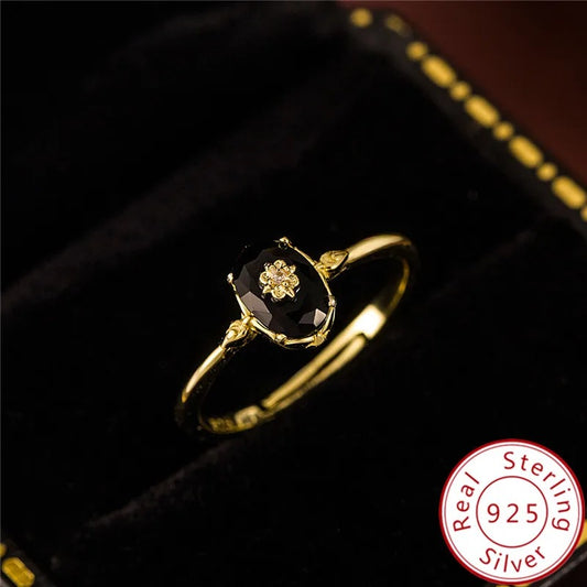 Real 925 Sterling Silver 18k Gold Plating Synthetic black agate Open Ring For Women vintage Light Luxury Fine Jewelry