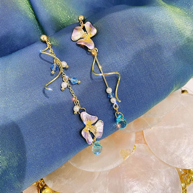 Cute Flower Spiral Dangle Earrings Women Blue Crystal Tassel