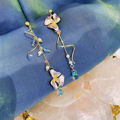 Cute Flower Spiral Dangle Earrings Women Blue Crystal Tassel