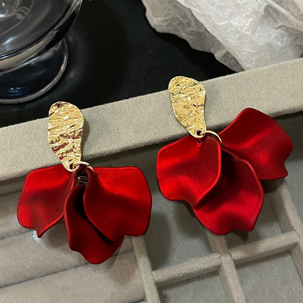 Gold Petal Flower Drop Earrings for Women