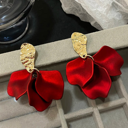Gold Petal Flower Drop Earrings for Women