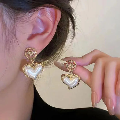 Flower Pearl Heart Drop Earrings 925 Silver Retro Jewelry Women