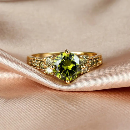 Cute Bride Round Zircon Ring Olive Green Crystal Gold Jewelry