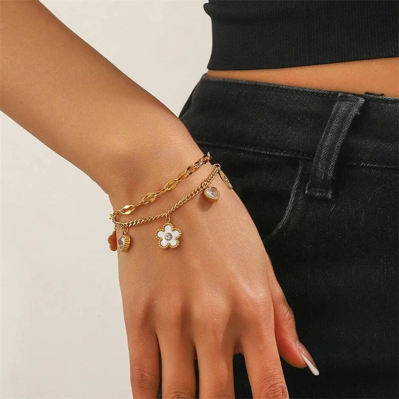 Kuziduocai Statement 316L Stainless Steel 2025 New Fashion Jewelry Zircon Seashell Heart Flowers Charm Chain Bracelets For Women