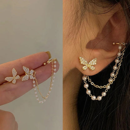 Korean Pearl Tassel Butterfly Earrings Women Dangle Jewelry