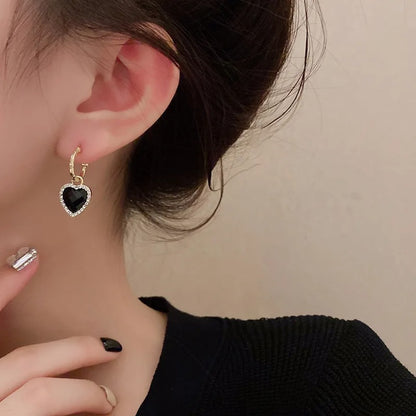 Black Heart Rhinestone Dangle Earrings Women Elegant Jewelry