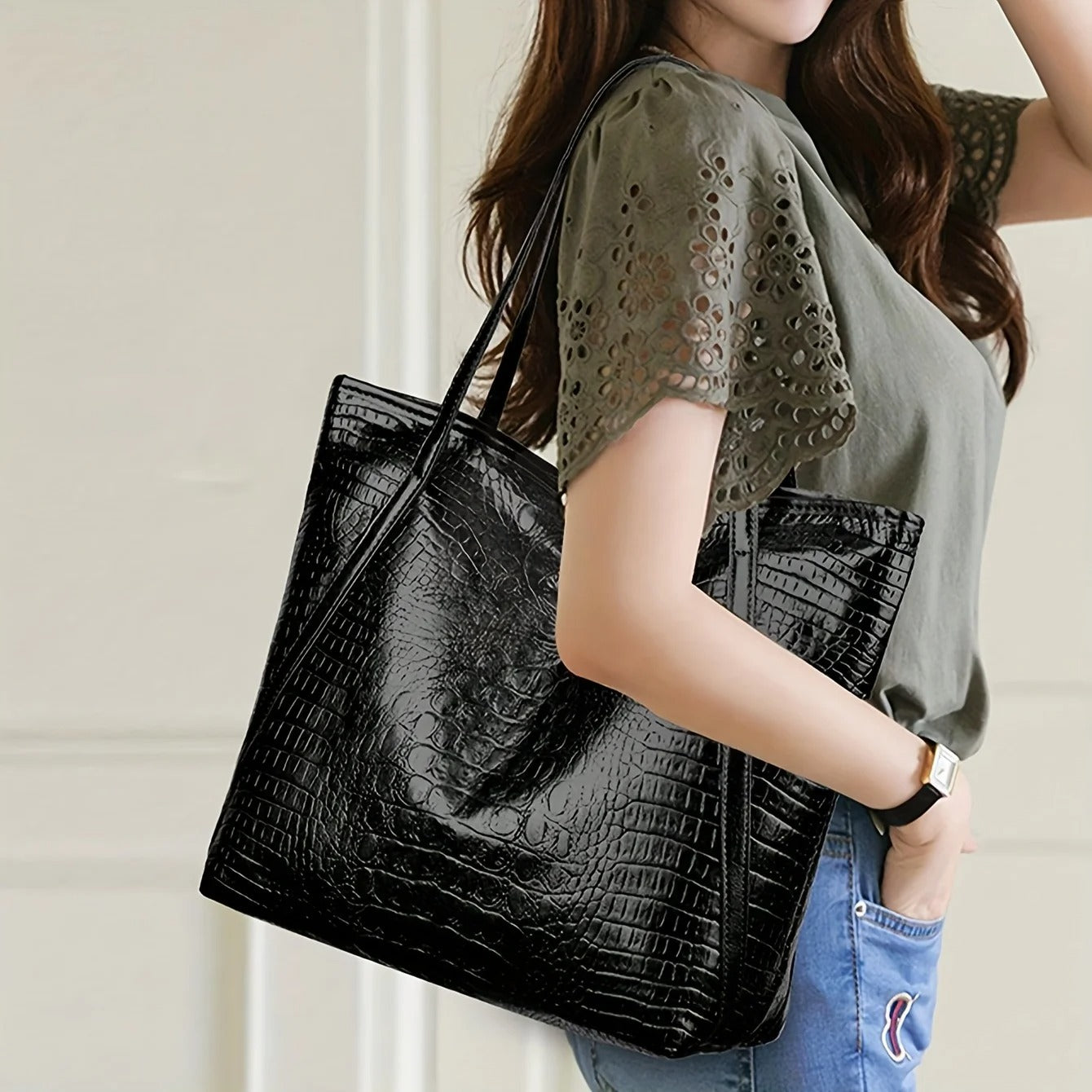 Women’s Retro Crocodile Pattern Tote Shoulder Bag