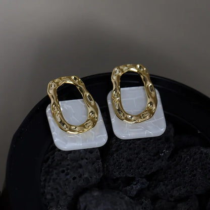 White Acrylic Square Drop Earrings Women Gold Metal Dangle Jewelry
