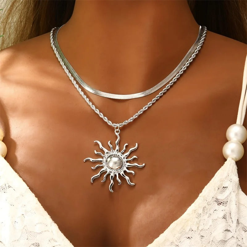 Big Sun Pendant Necklace for Women Trendy Double Layer Snake Bone Chain Necklace Summer Jewelry Accessories