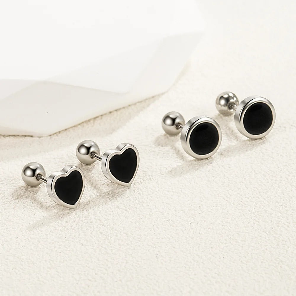 Silver Black heart Star Round Small Stud Earrings for Women Luxury Jewelry Accessories 2025 Trend.