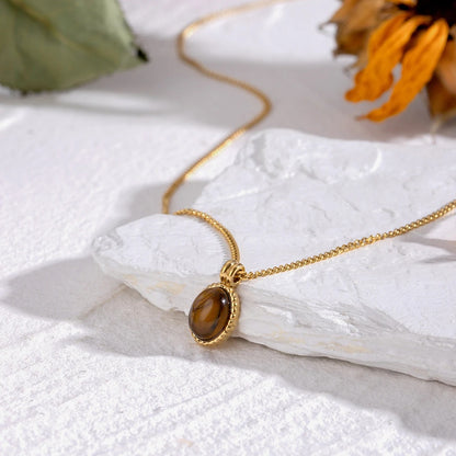 Classic 18K Gold Color Plated Stainless Steel Oval Tiger Eye Stone Pendant Necklace Women's Jewelry Holiday Gift