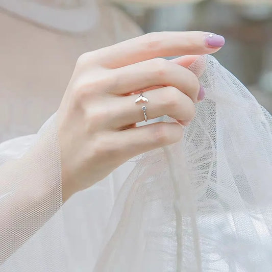 Sterling Silver Fish Tail Wave Design Inlaid Adjustable Rings for Women Girls Popular Wedding Party Jewelry Gift