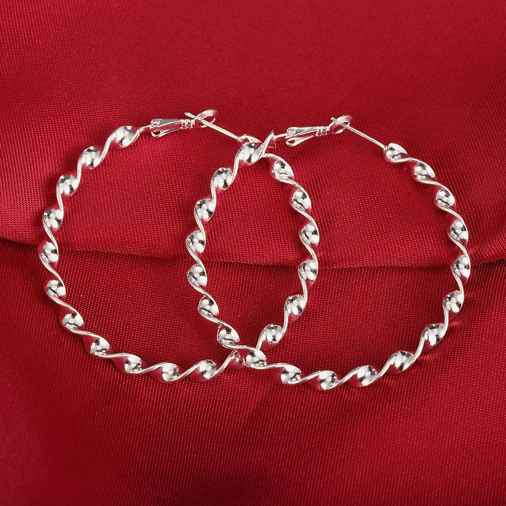 Women Sterling Silver Rope Hoop Earrings Elegant Luxury Jewelry Gift