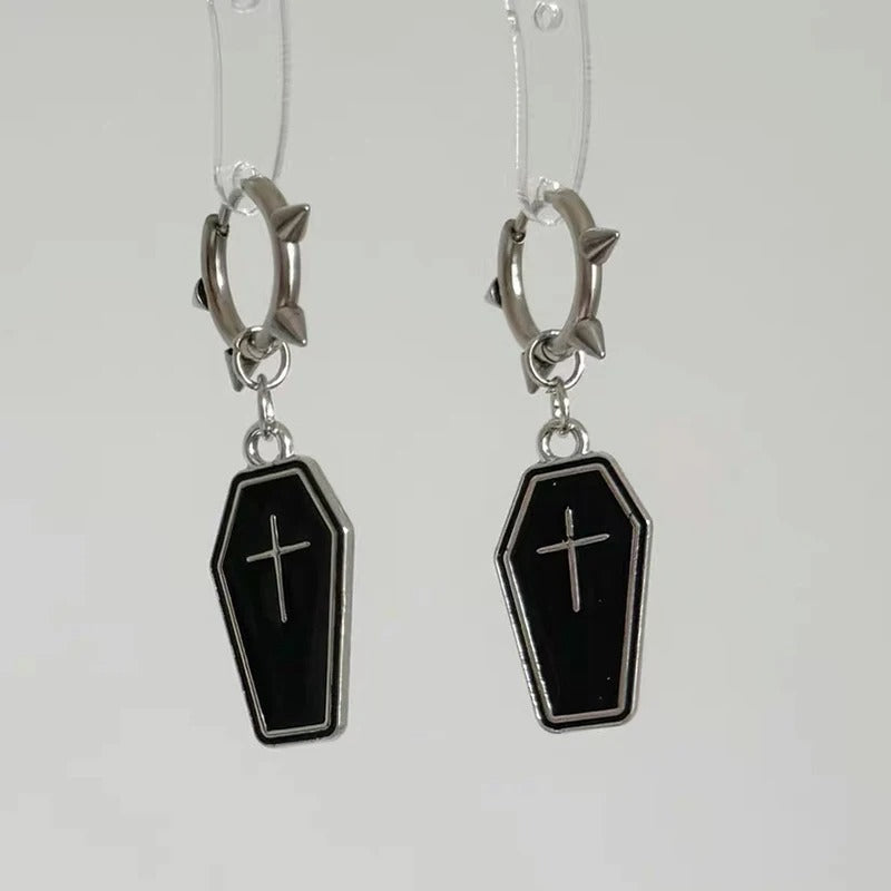 Punk Rivet Coffin Cross Earrings Women Gothic Korean Fashion Jewelry