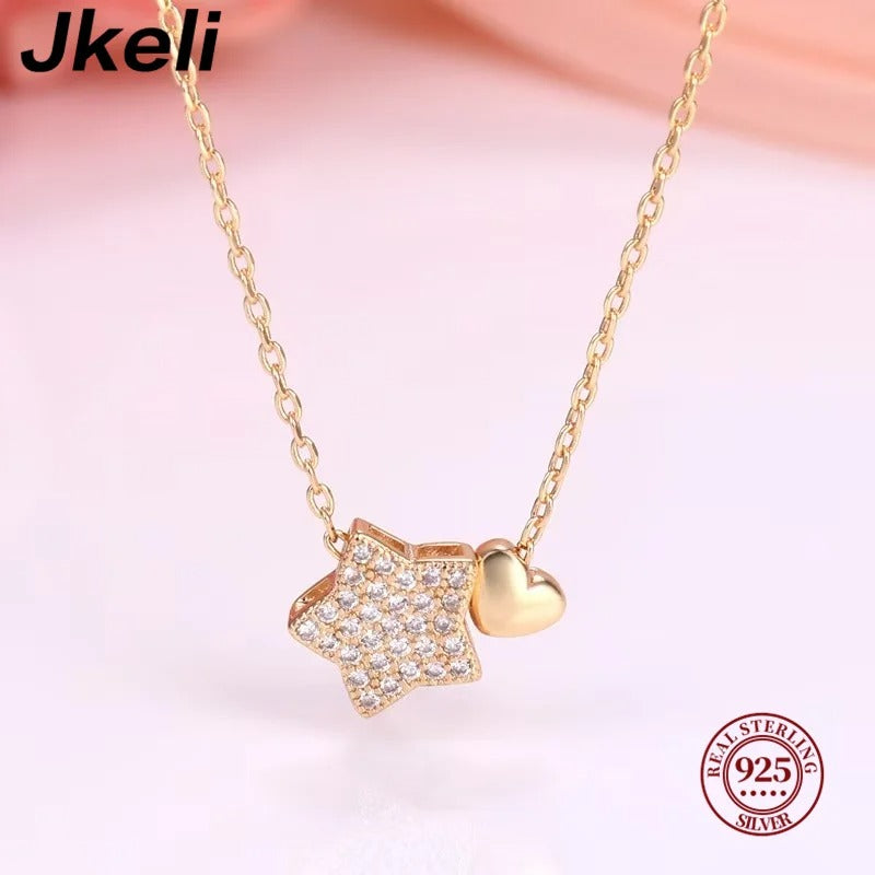 925 Sterling Silver Necklace Sweet Star Heart Pendant 18k Necklace For Women Wedding Statement Fine Jewelry