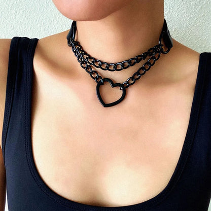 Vintage Heart Necklace Choker With Chain Goth Collar For Girls Grunge Punk Cute Accessories