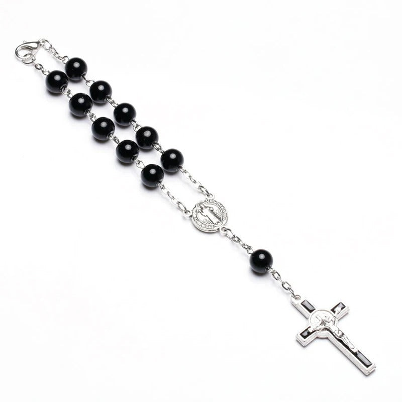 Black Glass Pearl Rosary Cross Beaded Bracelet Gifts Religious Jewelry
