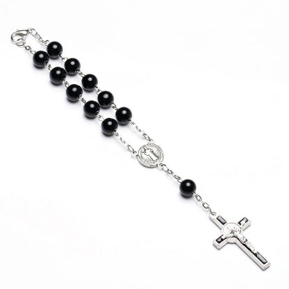 Black Glass Pearl Rosary Cross Beaded Bracelet Gifts Religious Jewelry