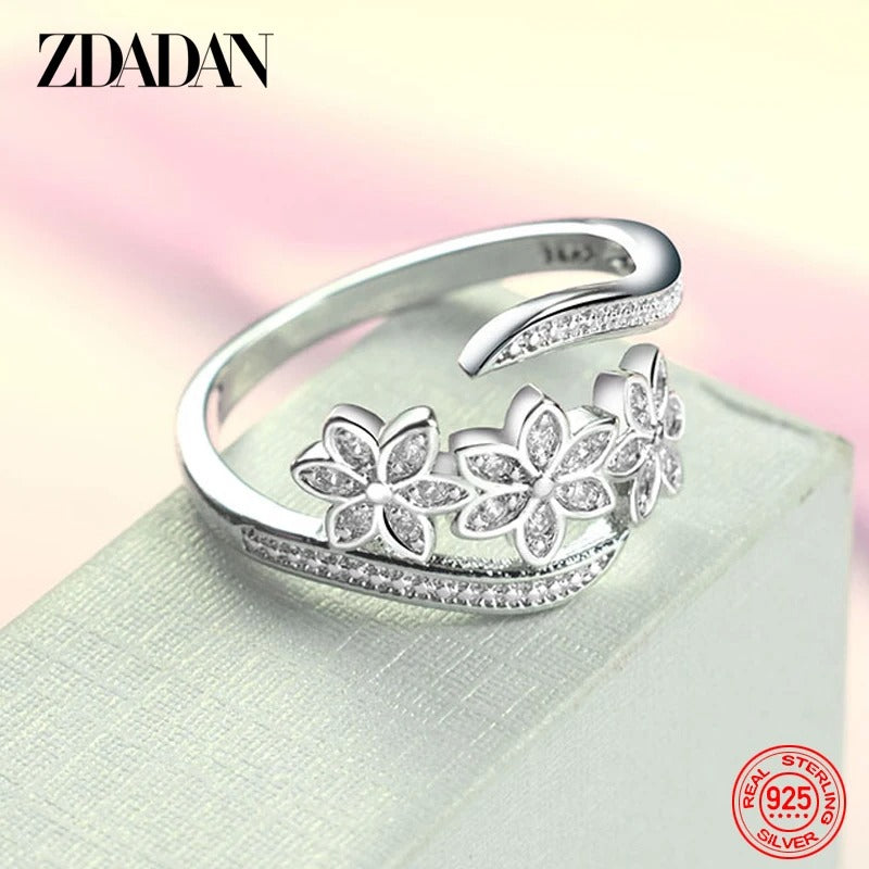 ZDADAN 925 Silver Adjustable CZ Flower Ring for Women
