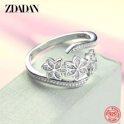 ZDADAN 925 Silver Adjustable CZ Flower Ring for Women