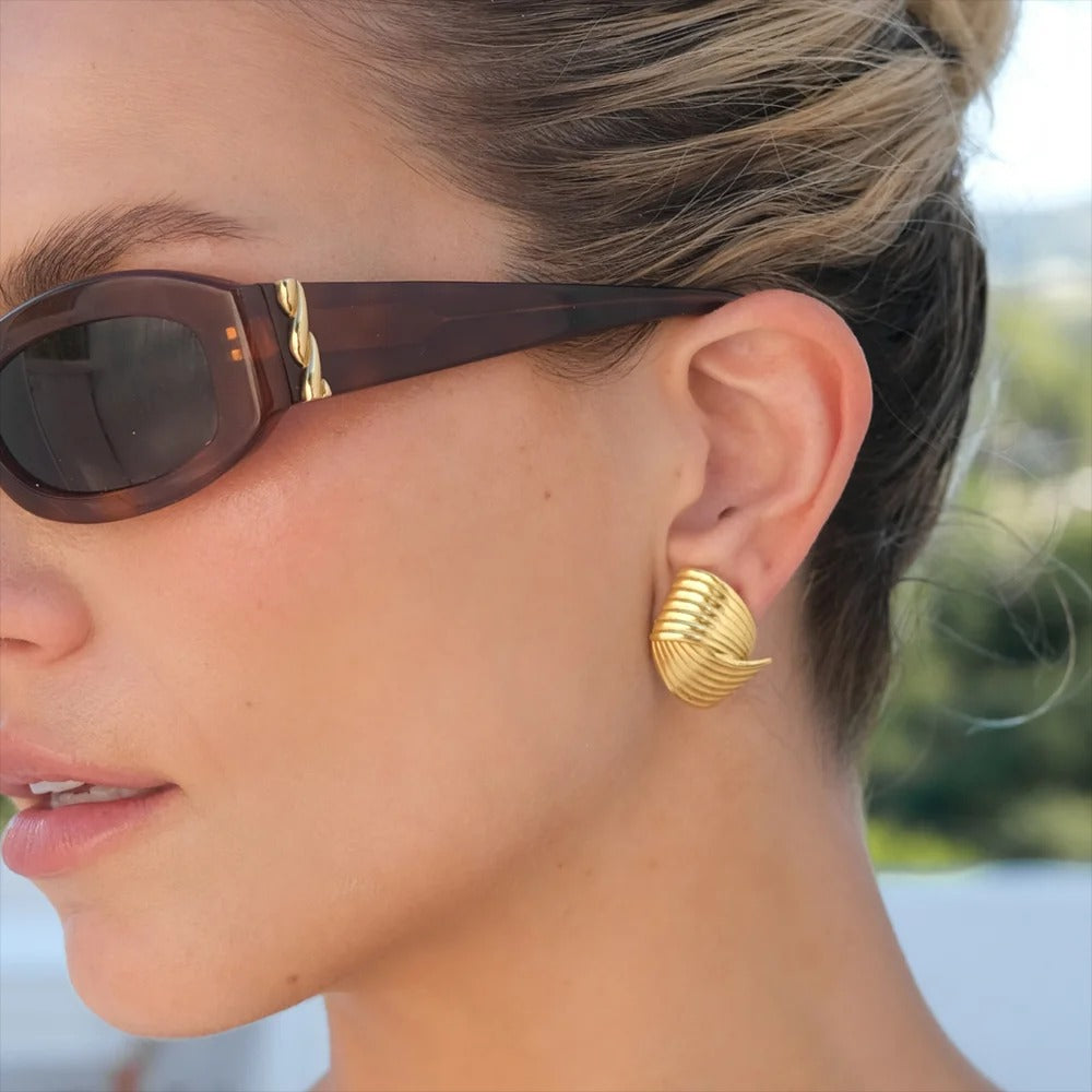 Retro Textured Intersecting Gold Stainless Steel Earrings Women