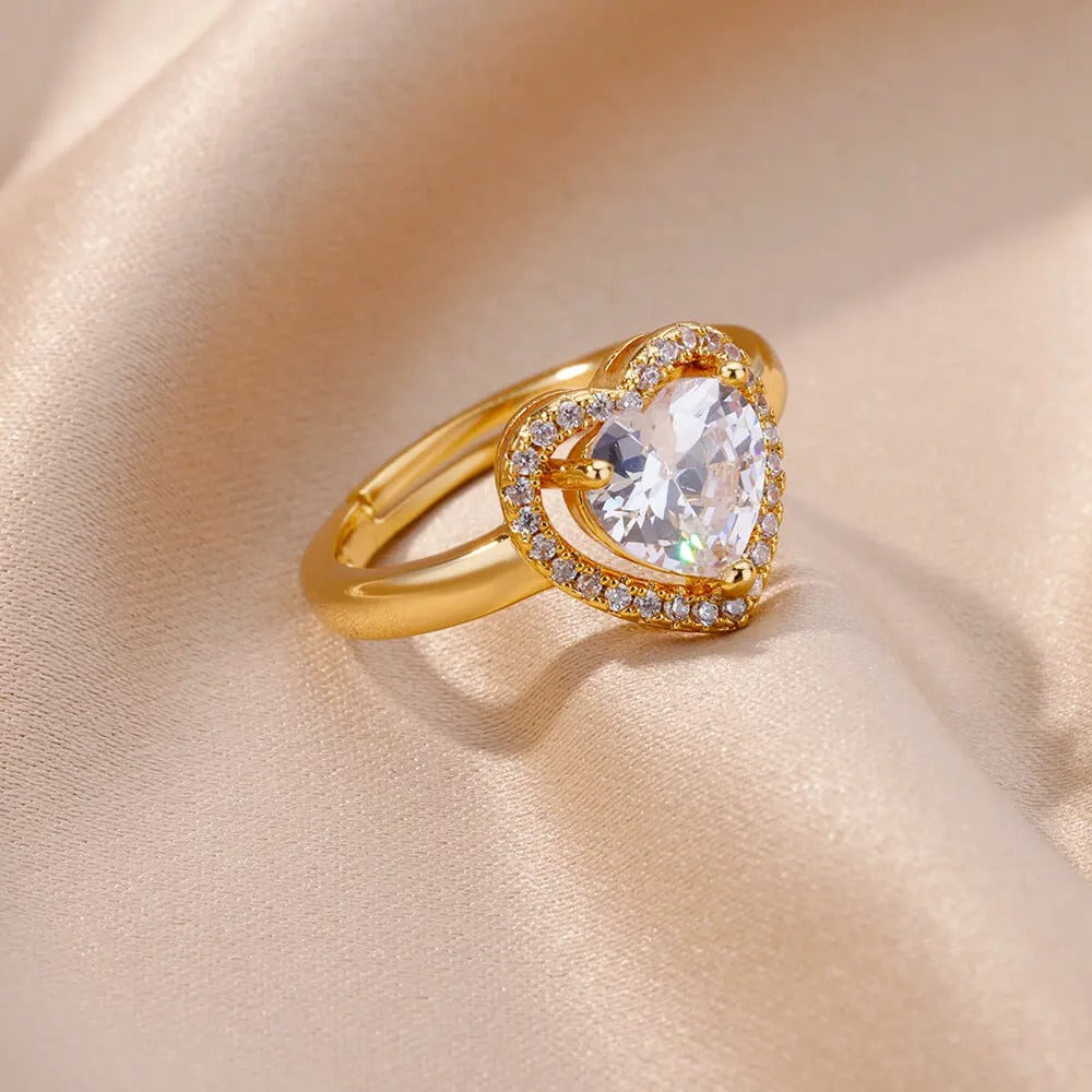 Luxury Gold Heart Zircon Ring Stainless Steel Wedding Jewelry