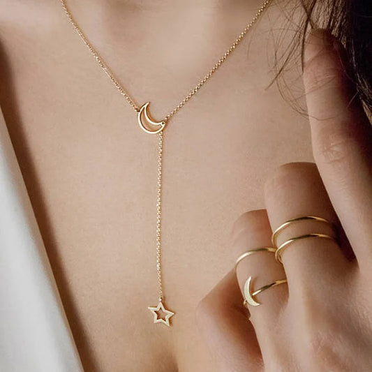 Simple Moon and Star Necklace Gold Alloy Charm Chain Jewelry for Women