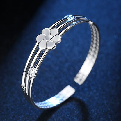 925 Sterling Silver Flower Open Bangle Luxury Women’s Bracelet