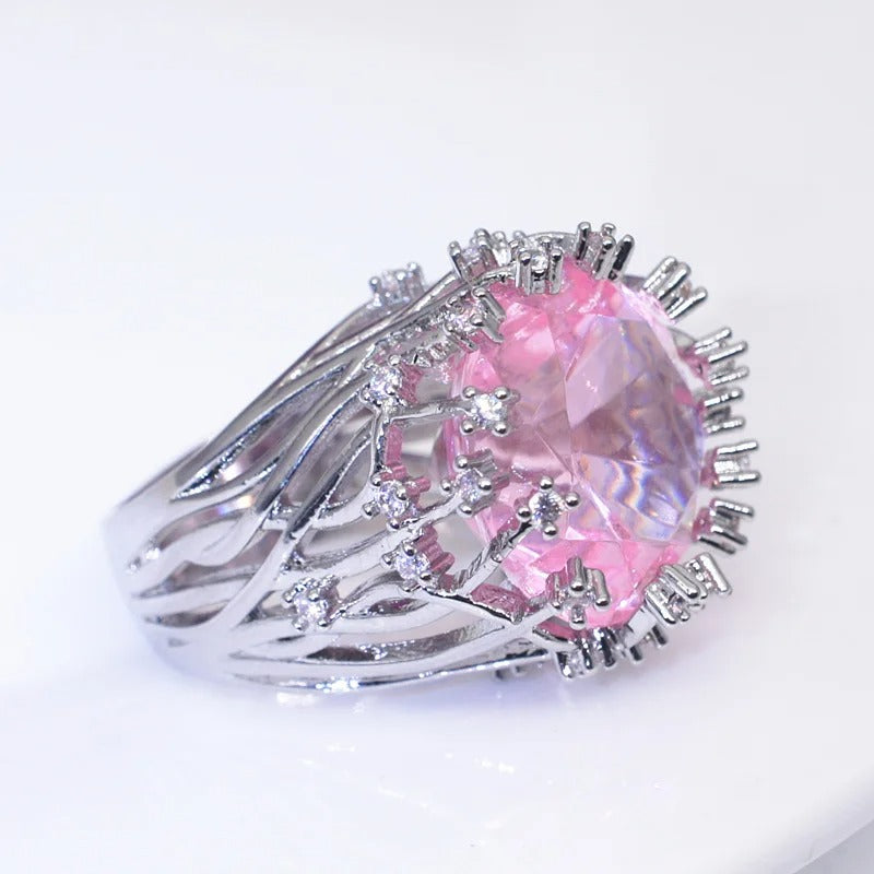 New 925 Silver Pink Crystal Zircon Exaggerated Ring Women