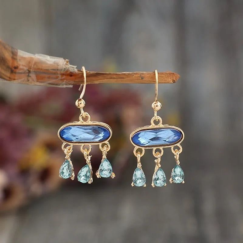 Elegant Oval Dark Blue Stone Earrings Exquisite Fashion Metal Gold Color Water Droplet Sea Blue Dangle Earrings for Women