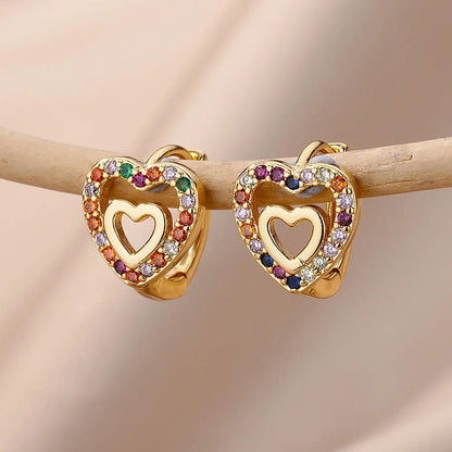 Hollow Zircon Heart Earrings Gold Stainless Steel Jewelry for Women