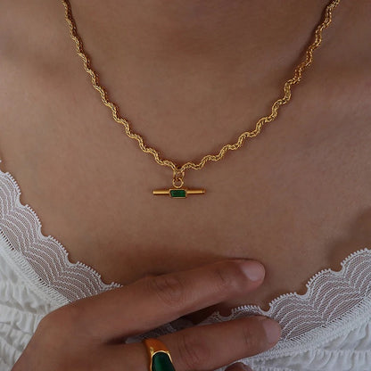 Wavy Line Stainless Steel Necklace Green & Black Stone Pendant