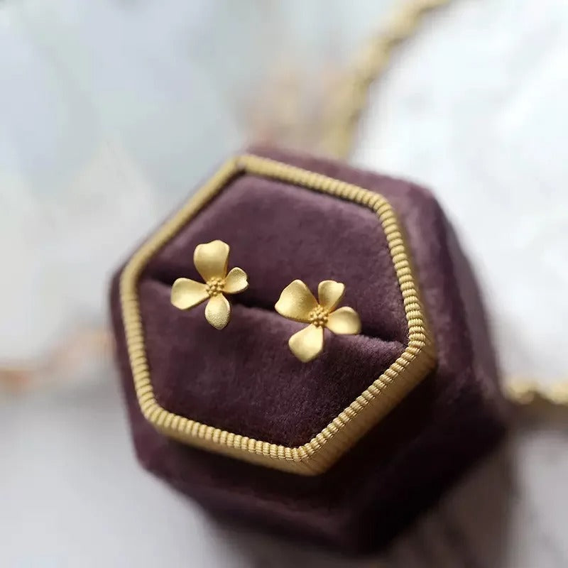 Korean Flower Stud Earrings Women’s Simple Elegant 14K Gold Jewelry