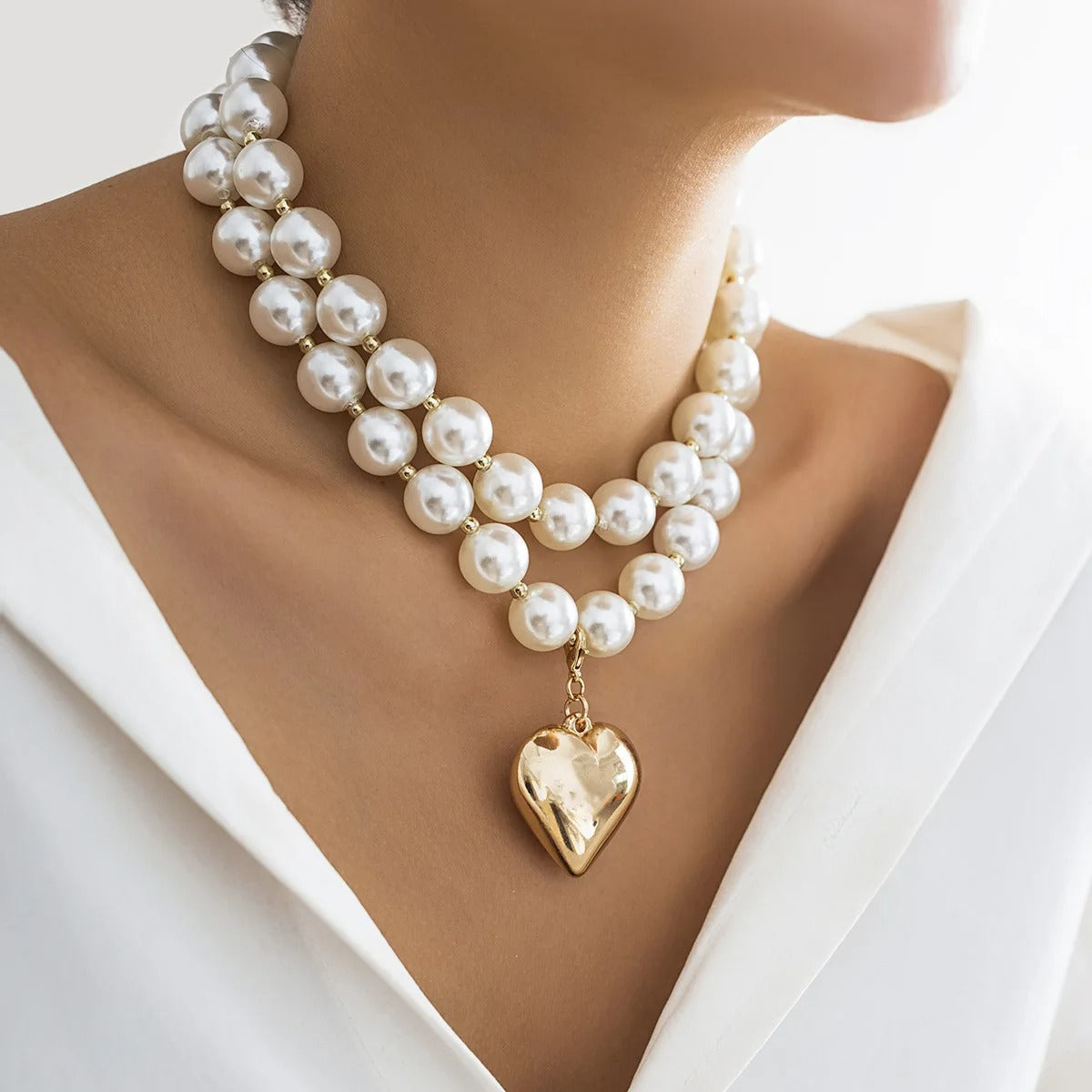2Pcs Elegant Goth Imitation Pearl Beads Chain Necklace for Women Vintage Love Heart Pendant Choker Y2K Jewelry Wed Accessories